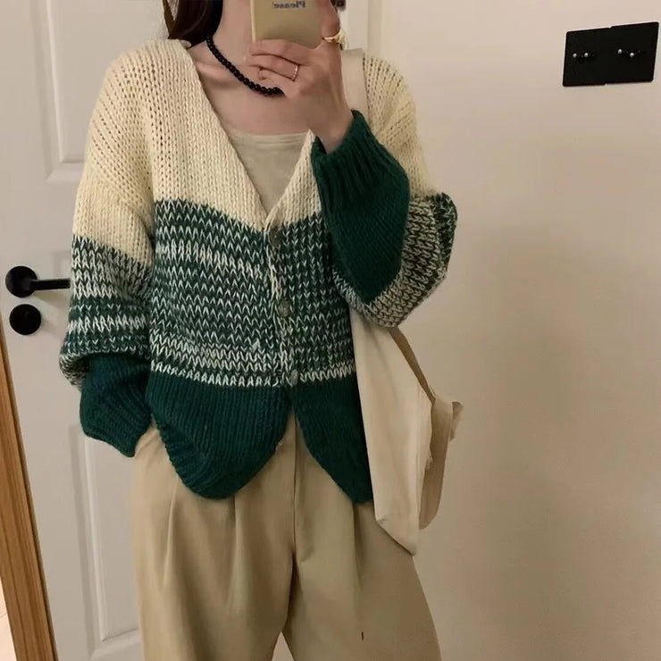 Korean style outerwear with a design sense, knitted sweater for spring, new color blocked knitted cardigan for women, V-neck loose and thin style - Follow yourDream