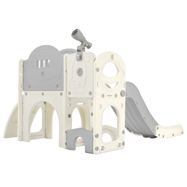 Kids Slide Playset Structure 7 in 1, Freestanding Spaceship Set with Slide, Arch Tunnel Grey+White + HDPE