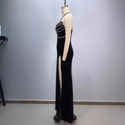 Fashionable backless neck hanging sexy strapless, diamond studded, slim fit, slit cut long, hip hugging dress for women