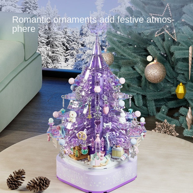 Christmas Gift Purple Crystal Christmas Tree Assembly Building Blocks Lighting Music Box Ornament Girls' Festival Gift