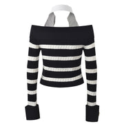 Rock Navy style shirt collar design, nail bead buckle, black and white striped off shoulder knit sweater