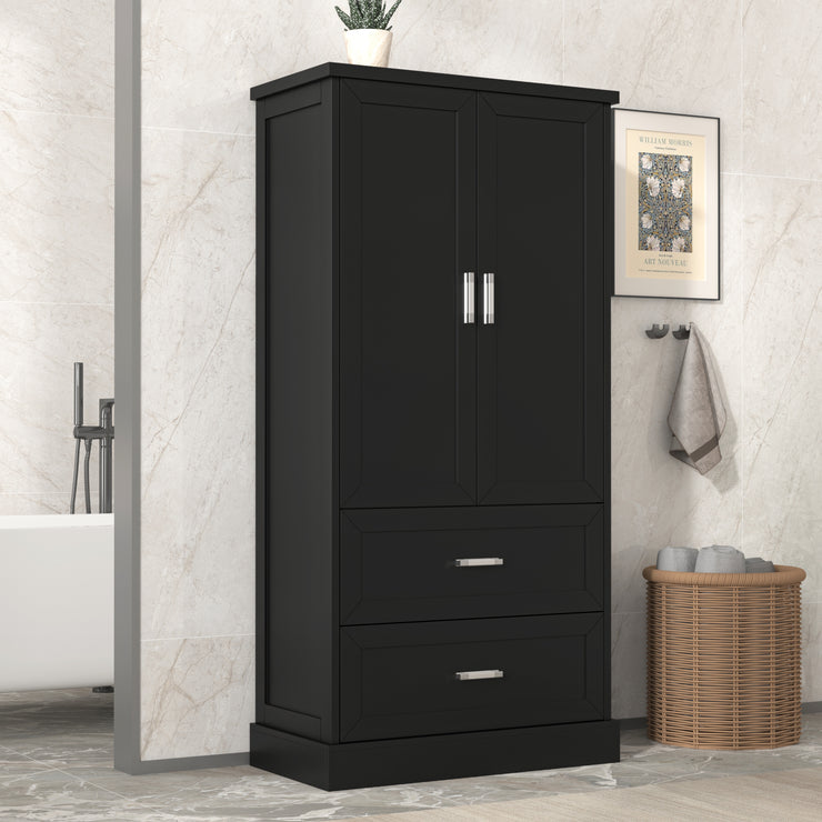 Tall Bathroom Storage Cabinet, Cabinet with Two Doors and Drawers, Adjustable Shelf, MDF Board, Black