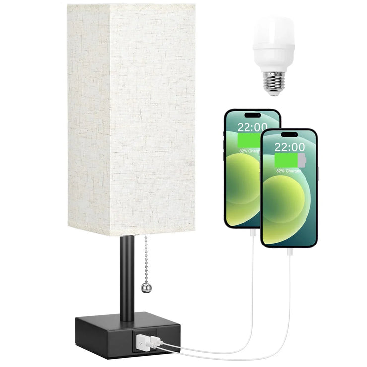 Bedside Table Lamp with USB C+A Ports Pull Chain Desk Lamp Usb Rechargeable AC85-265V Shade for Living Room Study Reading Light