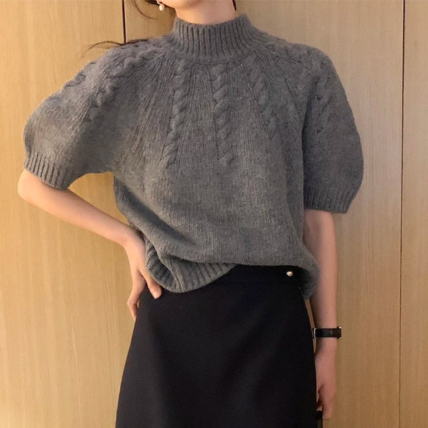 Korean Stand Collar Sweater Pullover Women Twisted Knit Elegant Vintage Tops Knitwear 2024 New Short Sleeve Chic Ladies Jumpers