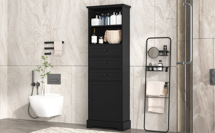 Black high storage cabinet with 3 drawers and adjustable shelves, MDF board painted