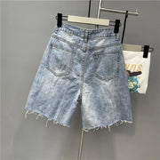 Heavy industry nail bead 3D three-dimensional flower hole shorts for women high waisted loose wide leg pants