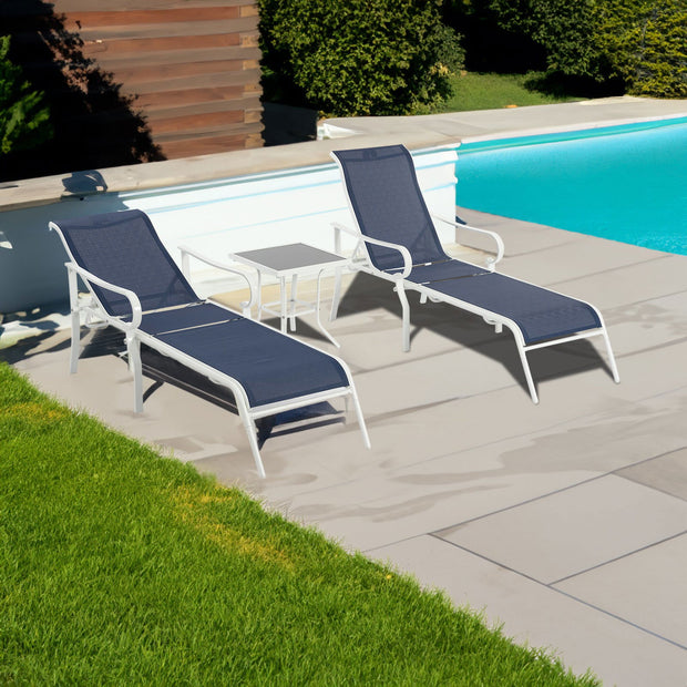 3-piece terrace lounge chair set, outdoor lounge chair with 5 adjustable backrests, sturdy steel frame, white blue - Follow yourDream