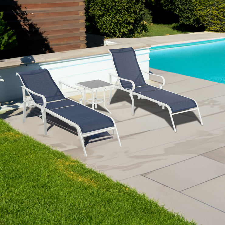 3-piece terrace lounge chair set, outdoor lounge chair with 5 adjustable backrests, sturdy steel frame, white blue - Follow yourDream