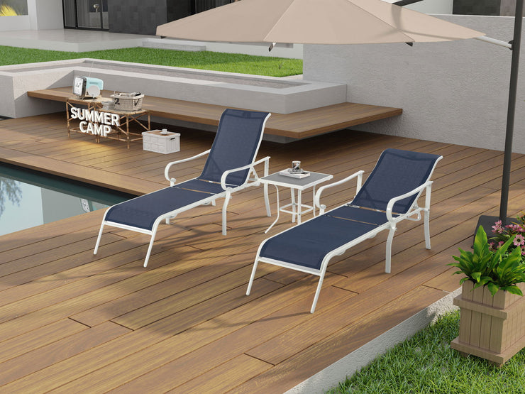 3-piece terrace lounge chair set, outdoor lounge chair with 5 adjustable backrests, sturdy steel frame, white blue - Follow yourDream