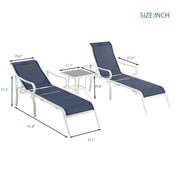 3-piece terrace lounge chair set, outdoor lounge chair with 5 adjustable backrests, sturdy steel frame, white blue - Follow yourDream