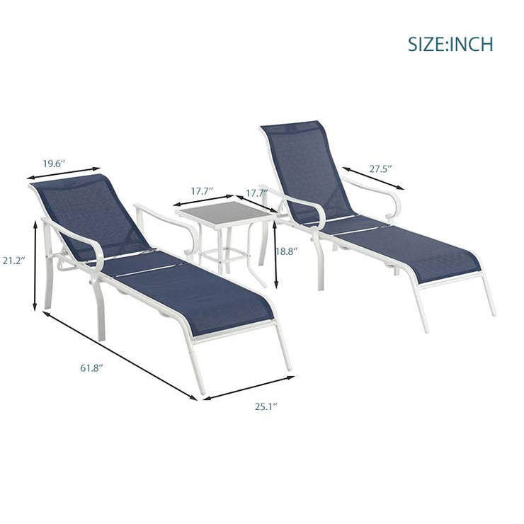 3-piece terrace lounge chair set, outdoor lounge chair with 5 adjustable backrests, sturdy steel frame, white blue - Follow yourDream