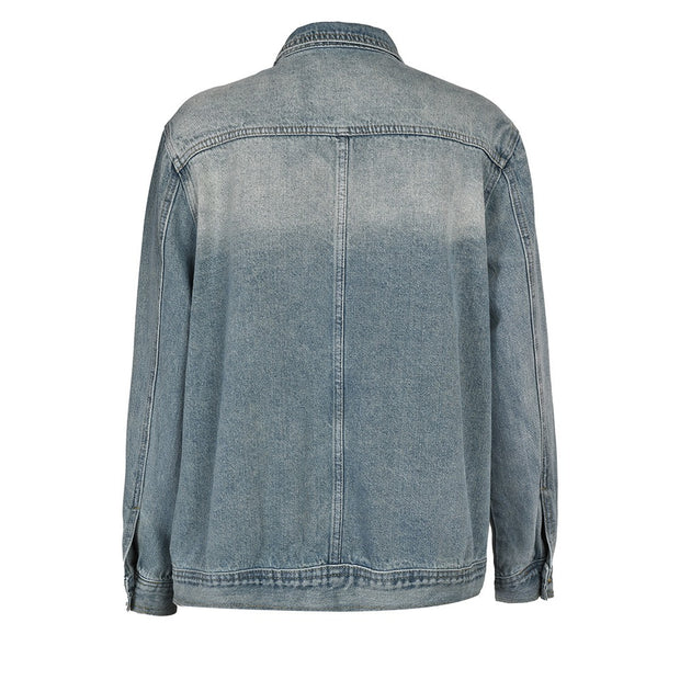 Irregular washed denim jacket loose short style lapel top for men and women