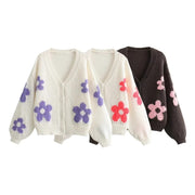 Fashionable flower jacquard V-neck single breasted long sleeved knitted cardigan jacket