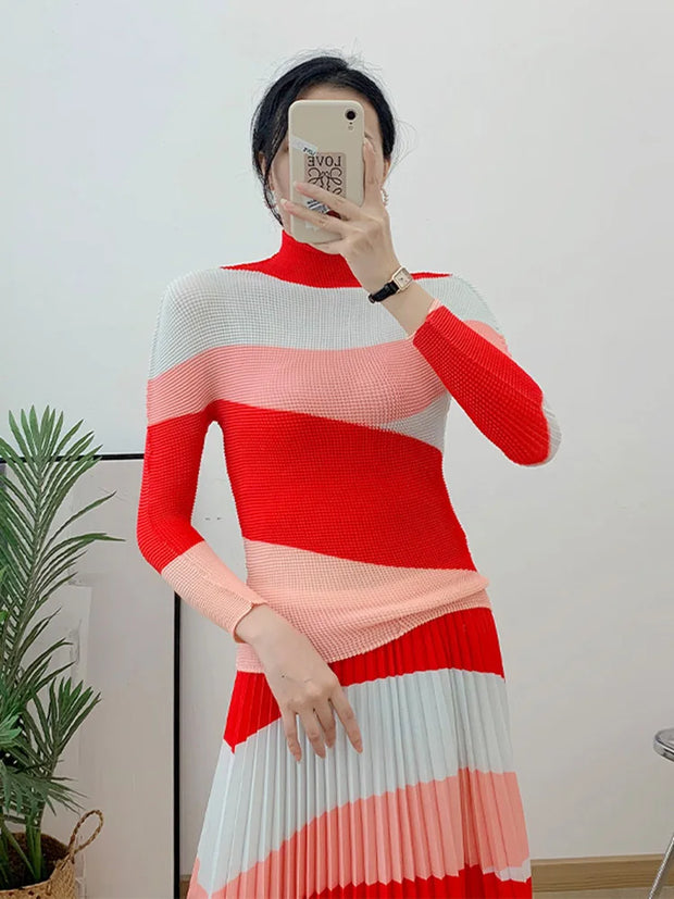 2 Pieces Skirt Pleated Set For Women Long Sleeve O-neck Tops Autumn Elastic Waist Loose Skirts Female Sets New