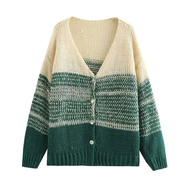 Korean style outerwear with a design sense, knitted sweater for spring, new color blocked knitted cardigan for women, V-neck loose and thin style