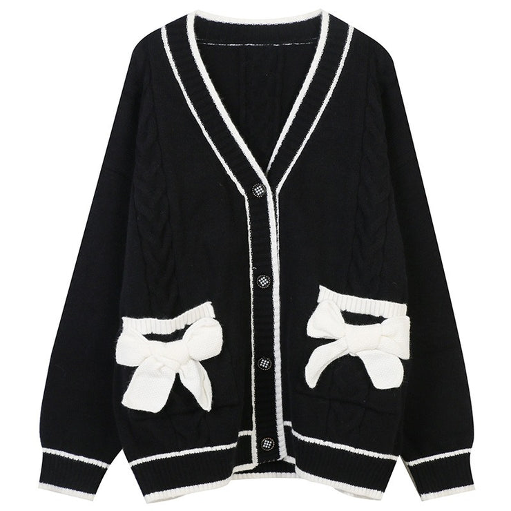 Sweater V-neck long sleeved mid length contrasting striped bow loose knit cardigan