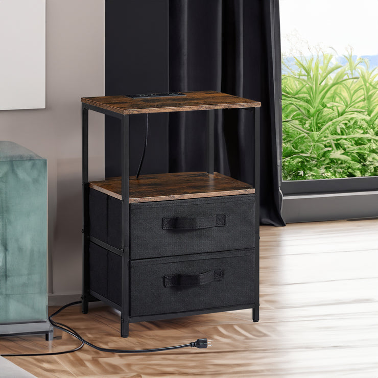 Tea table with charging station, bedside table with USB port, socket and cloth bag, 2 drawers