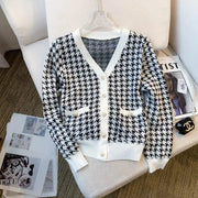 Houndstooth V-neck Sweater Cardigan Women Korean Vintage Elegant Fashion Knitwear Tops Long Sleeve Single-breasted