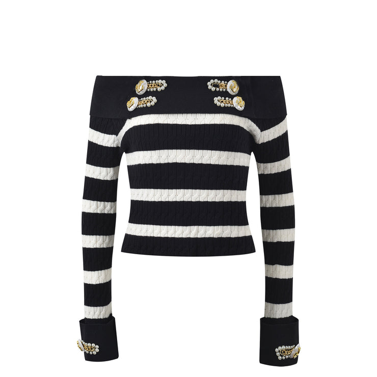 Rock Navy style shirt collar design, nail bead buckle, black and white striped off shoulder knit sweater