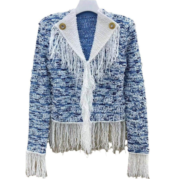 Trendy women's blue and white tassel cardigan jacket paired with knitted top for women's age reduction