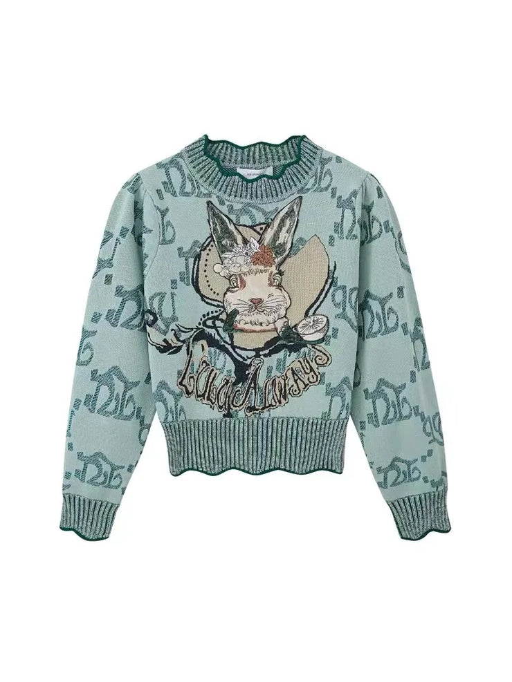 Rabbit Jacquard Knit Sweater Pullover Women Stylish Vintage Fashion Chic Tops Autumn Winter Long Sleeve O-neck Jumpers Knitwear