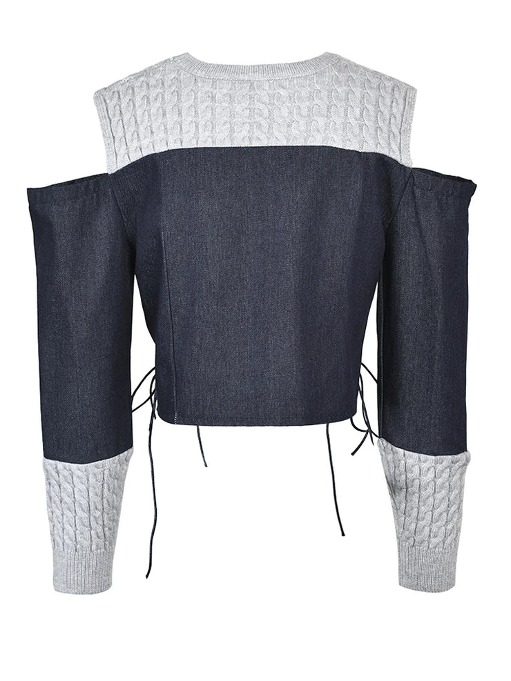 Retro top new denim patchwork knit off shoulder design wearing rope fake two-piece jacket