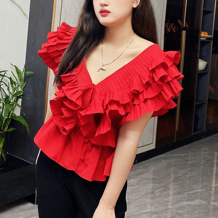 Layered lotus leaf edge fungus solid color casual cute top