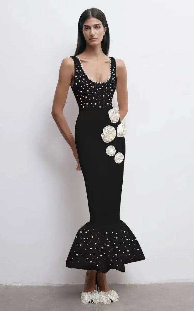 Black Color Women Sleeveless Sexy O-Neck Pearl Beading Bodycon Bandage Gown Dress Celebrate Fashion Evening Party Outfit Vestido