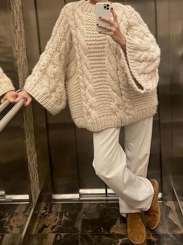 Fashionable temperament round neck flared sleeve knitted sweater top