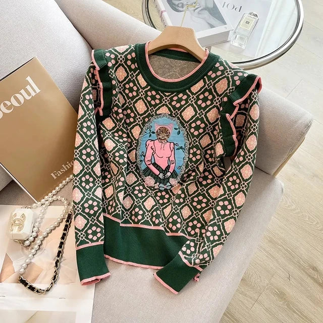 Cat Cartoon Embroidery Plaid O-Neck Long Sleeve Acrylic Knitted Women's Sweater Korean Fashion Pullover Sweaters Autumn Winter