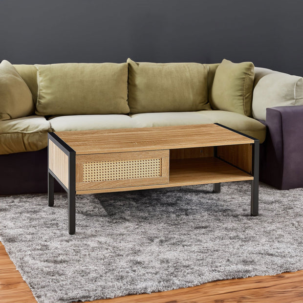 40.16" Rattan Coffee table, sliding door for storage, metal legs, Modern table for living room , natural - Follow yourDream