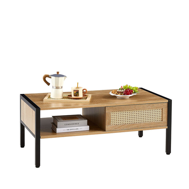 40.16" Rattan Coffee table, sliding door for storage, metal legs, Modern table for living room , natural - Follow yourDream