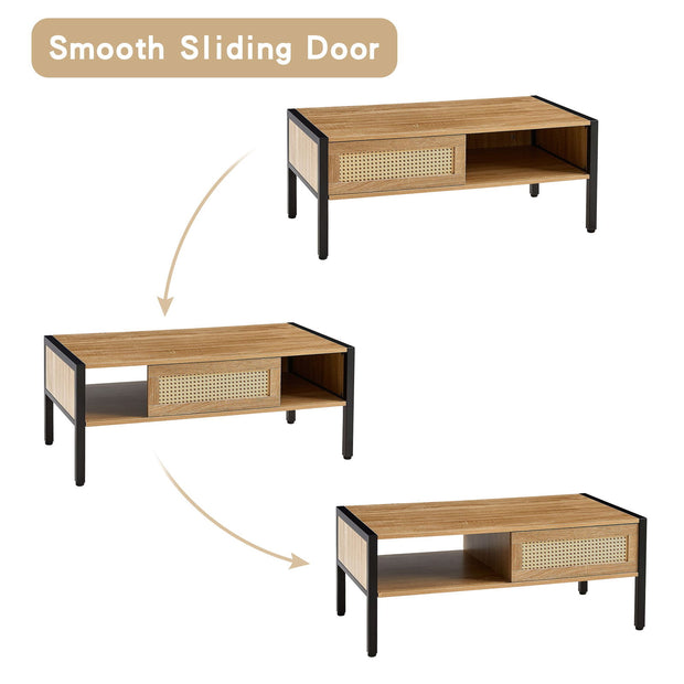 40.16" Rattan Coffee table, sliding door for storage, metal legs, Modern table for living room , natural - Follow yourDream