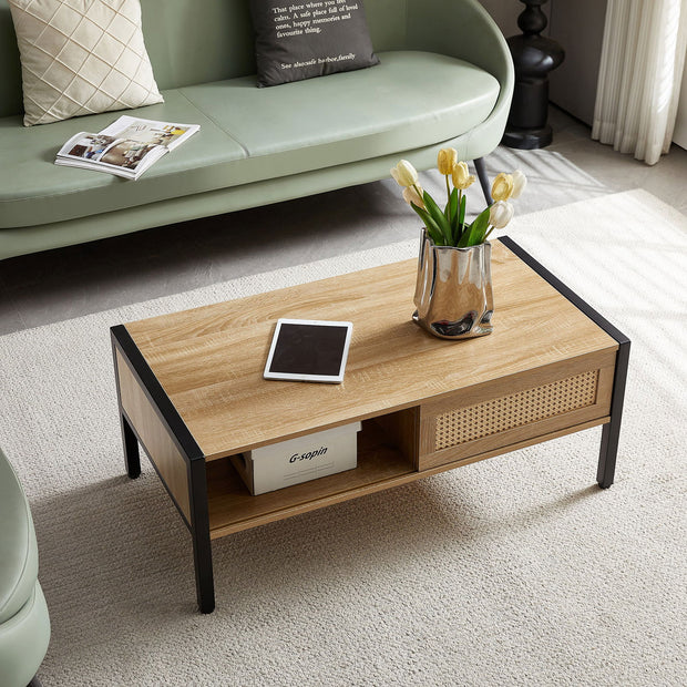 40.16" Rattan Coffee table, sliding door for storage, metal legs, Modern table for living room , natural - Follow yourDream