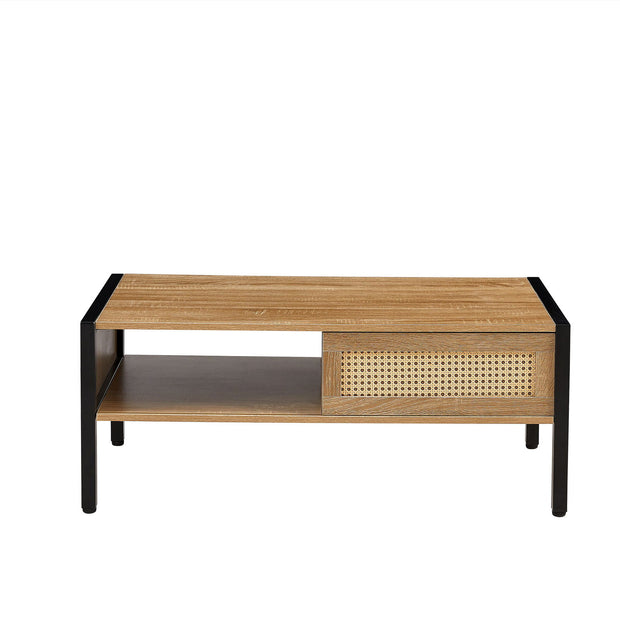 40.16" Rattan Coffee table, sliding door for storage, metal legs, Modern table for living room , natural - Follow yourDream