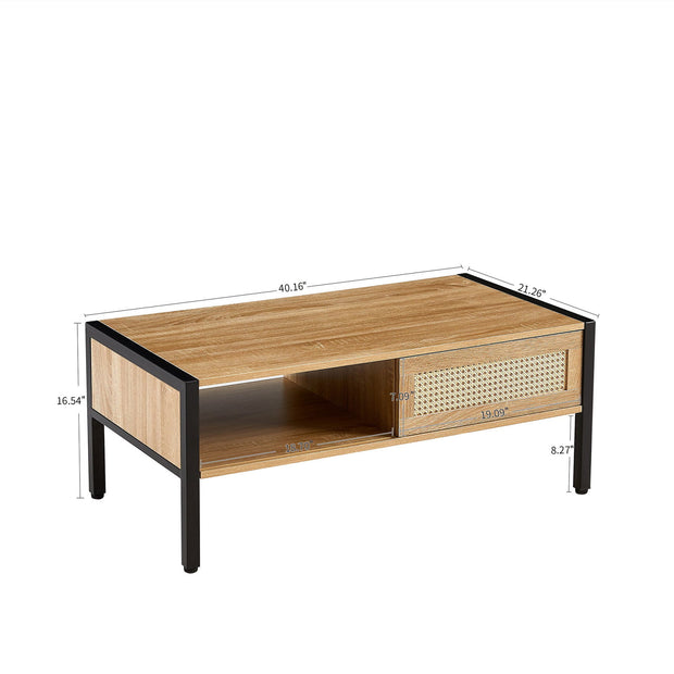 40.16" Rattan Coffee table, sliding door for storage, metal legs, Modern table for living room , natural - Follow yourDream