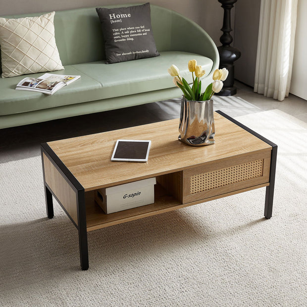 40.16" Rattan Coffee table, sliding door for storage, metal legs, Modern table for living room , natural - Follow yourDream