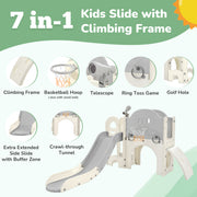 Kids Slide Playset Structure 7 in 1, Freestanding Spaceship Set with Slide, Arch Tunnel Grey+White + HDPE