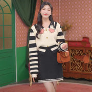 Striped color blocked single breasted cat knitted sweater women's sweater cardigan