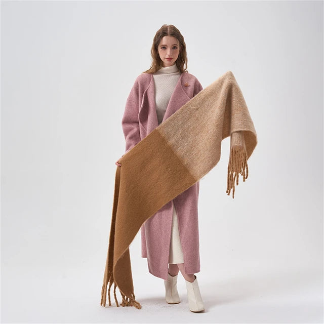 Simple color blocking soft touch plush scarf thickened and lengthened imitation cashmere shawl student windproof scarf for women