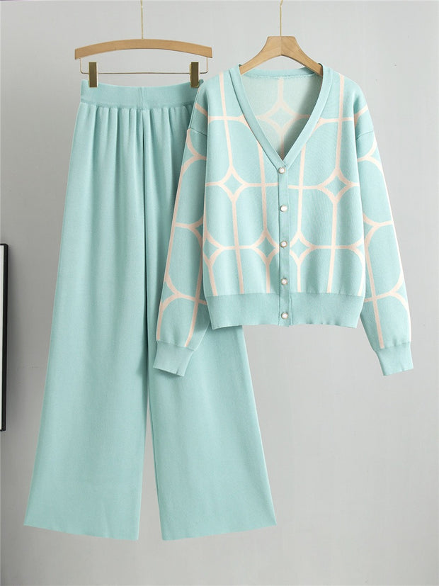 Fashion Knitted Set Women's Jacquard V-neck Cardigan Wide Leg Pants Two Piece Set