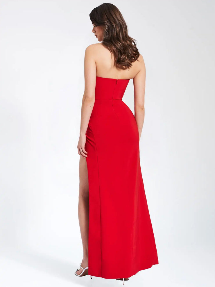 Women Celebrity Sexy Strapless Diamonds Crystal Red Maxi Long Bodycon Bandage Dress  Elegant Evening Club Party Outfit