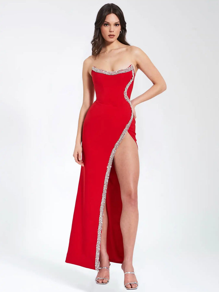 Women Celebrity Sexy Strapless Diamonds Crystal Red Maxi Long Bodycon Bandage Dress  Elegant Evening Club Party Outfit