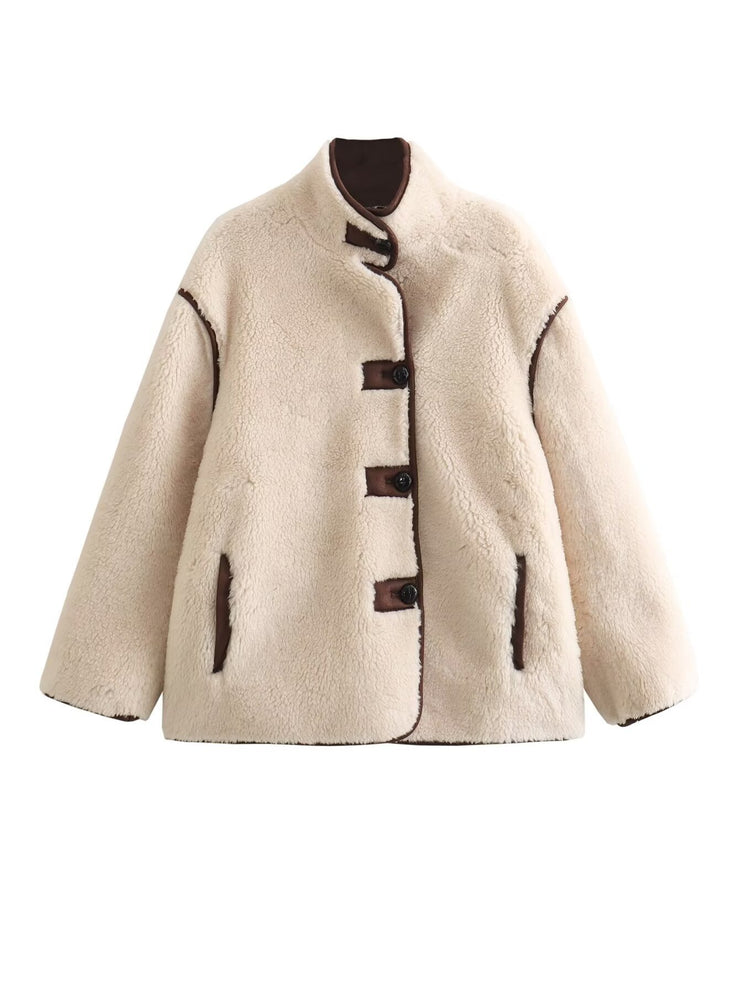 Color blocked fleece loose short jacket flight jacket for women - Follow yourDream