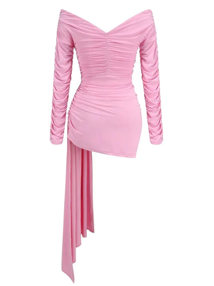 Pink Color Women Long Sleeve Off the Shoulder Sexy Holes Bodycon Mini Dress Draped Nightclub Party Birthday Outfit Vestido