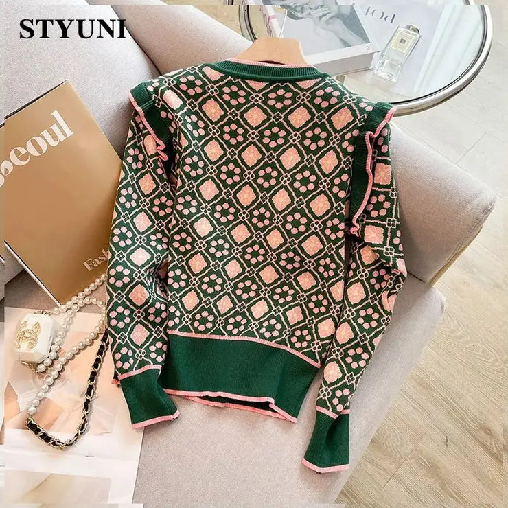 Cat Cartoon Embroidery Plaid O-Neck Long Sleeve Acrylic Knitted Women's Sweater Korean Fashion Pullover Sweaters Autumn Winter