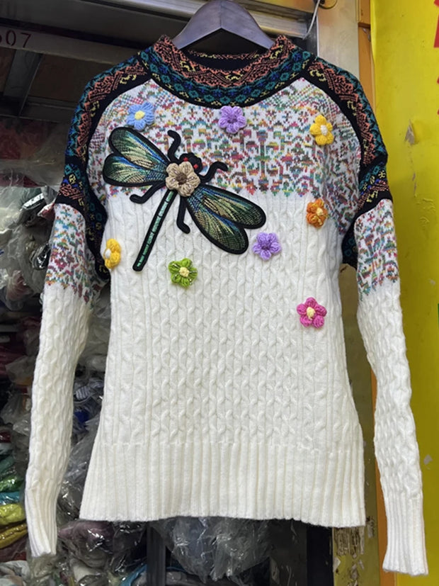 Retro knitted pullover with contrasting colors dragonfly embroidery ethnic style round neck sweater top