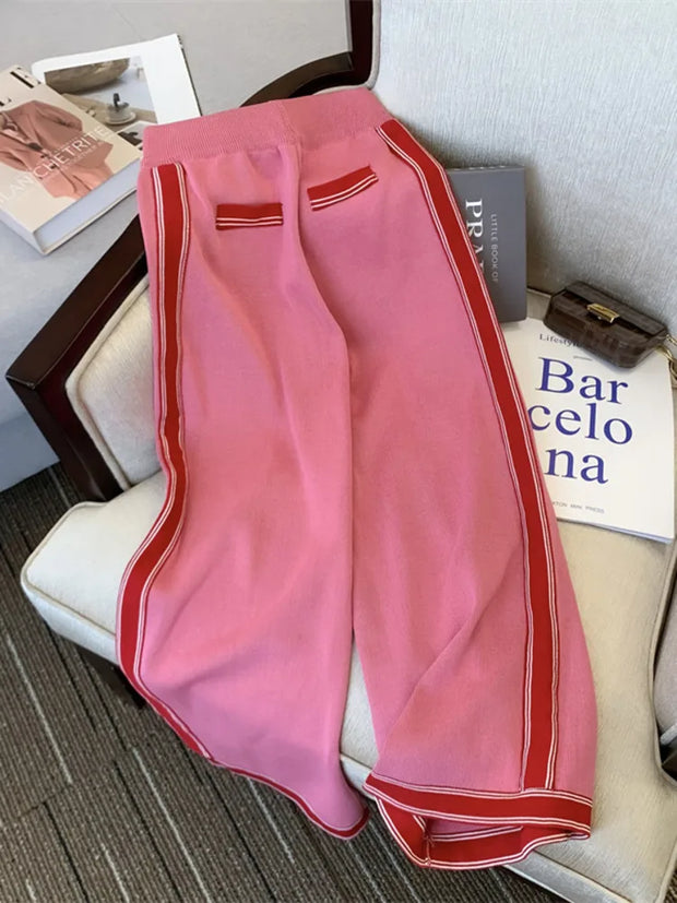 Two piece set of casual sports small fragrance pink knitted wide leg pants