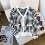 Houndstooth V-neck Sweater Cardigan Women Korean Vintage Elegant Fashion Knitwear Tops Long Sleeve Single-breasted