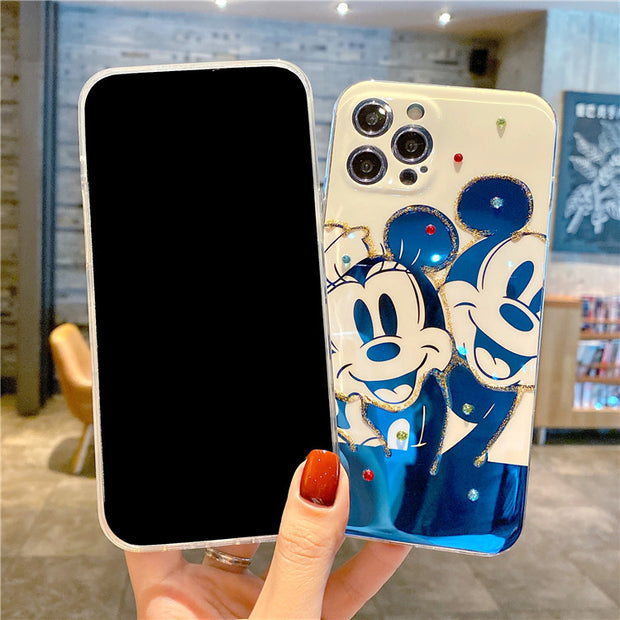 Blue light black-and-white Mickey is suitable for iPhone 12 / 11promax mobile phone case with flash drill and glue dropping